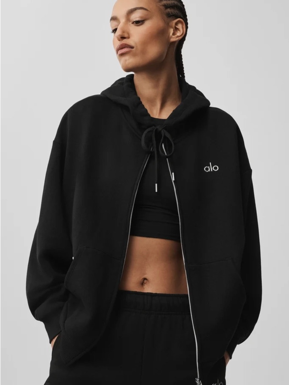 ALO Yoga accolade Black Full-Zip Hoodie with Drawcords small sweatshirt